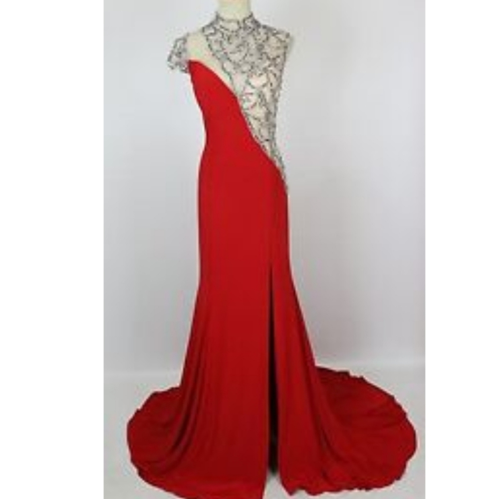 Vienna Prom Red Asymmetrical Neck Dress 10 - Picture 2 of 11